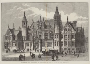 De Nieuwe Rechtbanken in Birmingham, waarvan de Eerste Steen werd gelegd door de Koningin op woensdag